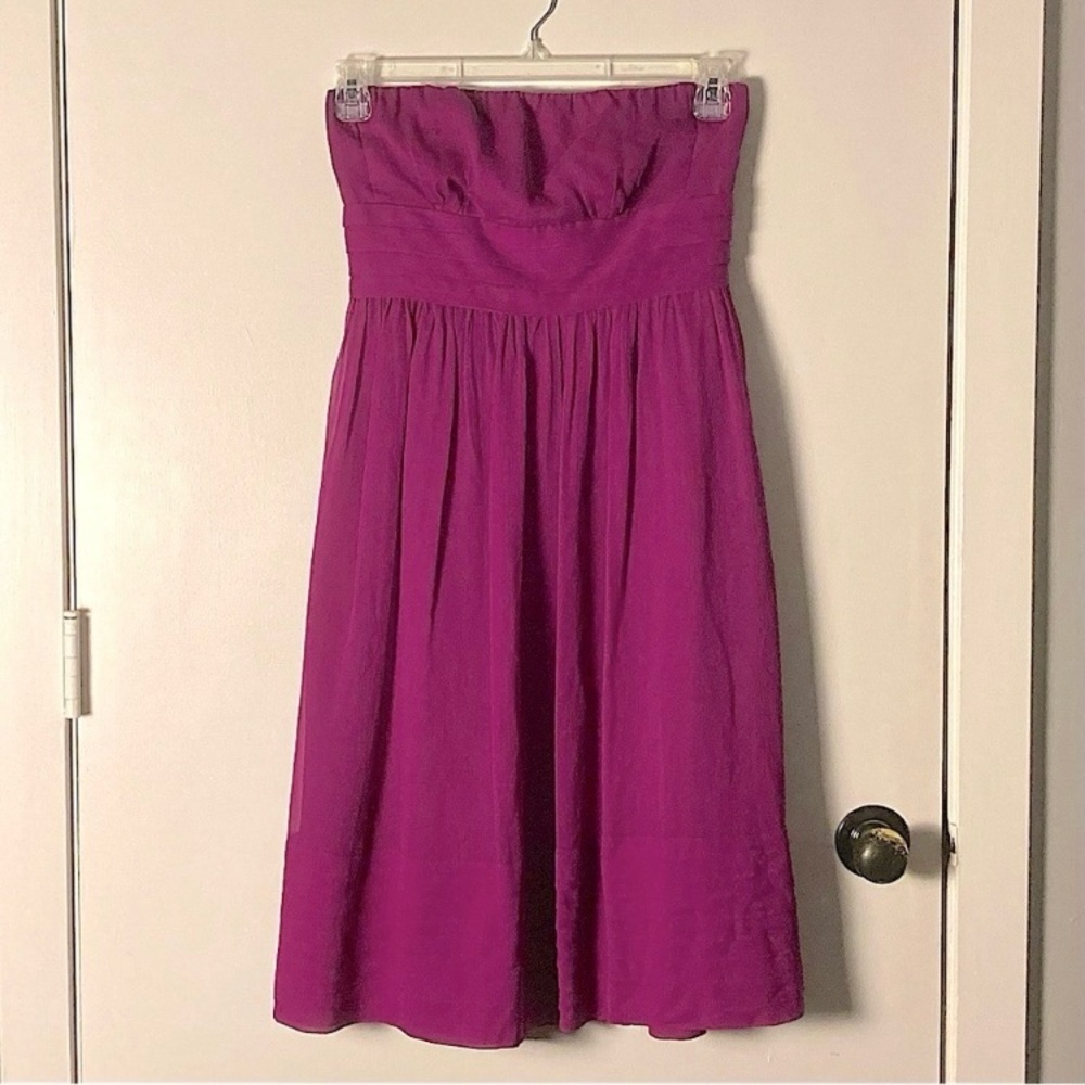 ⭐️ J Crew Magenta Silk Chiffon Strapless Midi Bridesmaid Dress Size 6